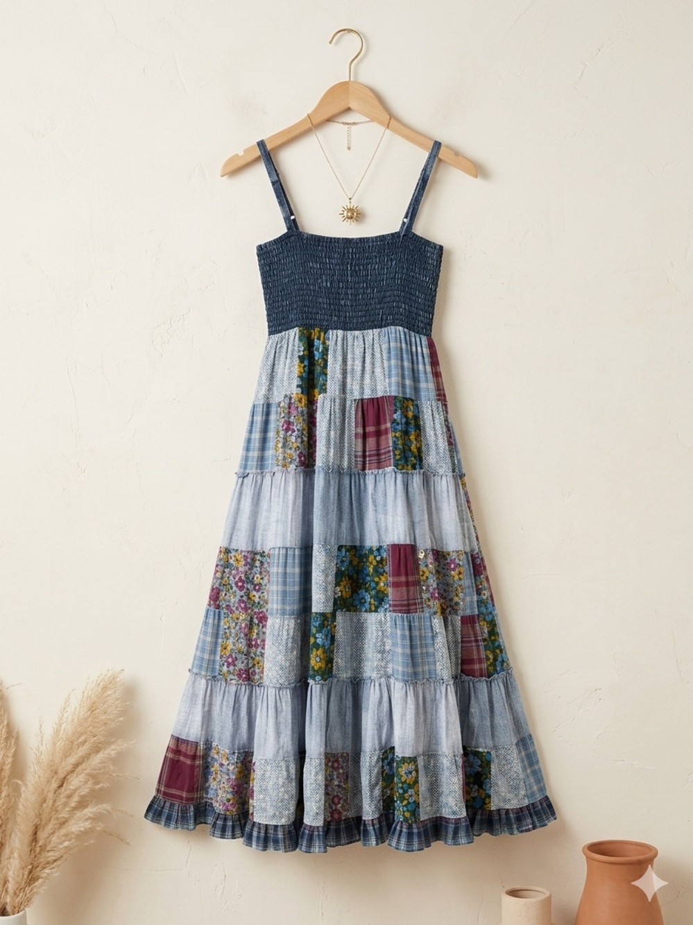 NWT Young Threads Patchwork Boho Smocked Midi Dress Blue Floral Cottagecore Fes - Picture 2 of 16